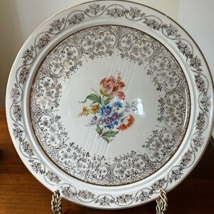 Vintage Atlas USA China 22 Karat Gold Cake Plate, Ceramic Floral Platter, Ivory